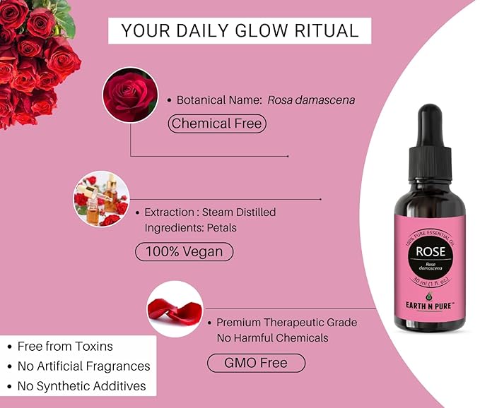 Earth N Pure Rose (Gulab Oil) Essential Oil Natural and Therapeutic Grade with Glass Dropper 15 ml
