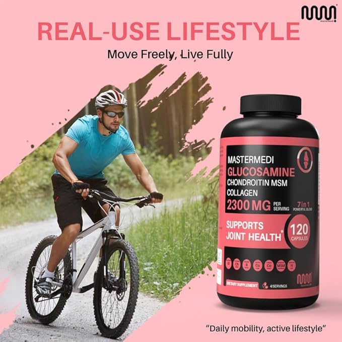 mastermedi Glucosamine Chondroitin MSM Collagen Capsules – 2300mg Joint Support Formula – with Turmeric, Boswellia, Hyaluronic Acid – Mobility & Flexibility Support – 120 Capsules, 30-Day Supply