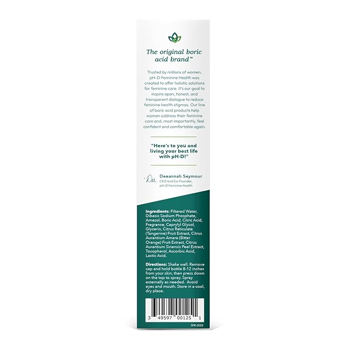 pH-D Feminine Health Support - Boric Acid Body Fresh Spray - Vegan, Paraben-Free, Plant Based - Rose Vanilla Scented - 3oz