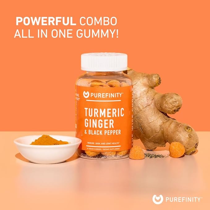 PUREFINITY Turmeric and Ginger Supplement Gummies with Black Pepper, Joint Support Curcumin Chewables with Delicious Flavor – Gluten Free, Non-GMO, Vegan, 60 Count