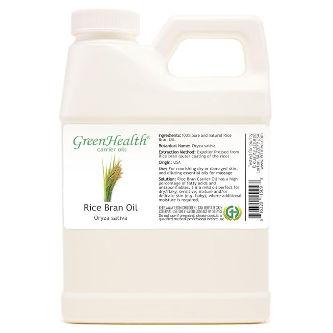 GreenHealth Rice Bran Carrier Oil – 100% Pure, Cold Pressed, 16 fl oz – White Plastic Jug for Skin, Hair, Massage & DIY Formulations