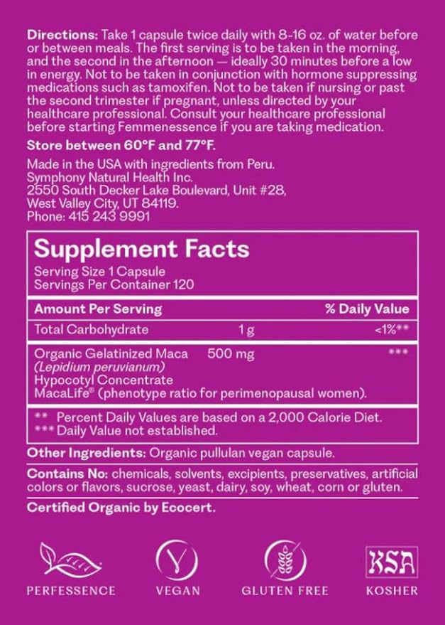 Femmenessence® MacaLife® – Clinically Proven Perimenopausal Organic Vegan Supplement for Natural Hormone Balance, Symptom Relief, Heart & Mood Support (120 Capsules, 60 Day Supply)
