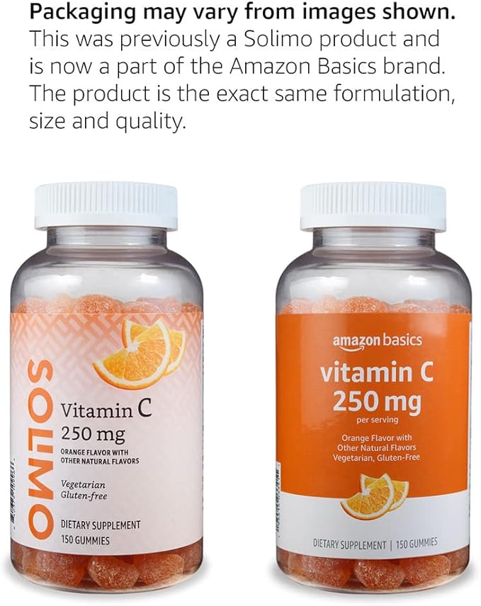 Amazon Basics Vitamin C Gummies, Sour Orange Flavor, 250 mg, 150 Count, Vegetarian, Immune Health Support (Previously Solimo)
