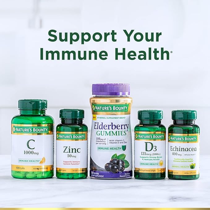 Nature's Bounty Elderberry Gummies, Dietary Supplement, Supports Immune Health, Contains Vitamin A, C, D, E and Zinc, 100 mg, 70 Gummies (Pack of 2)
