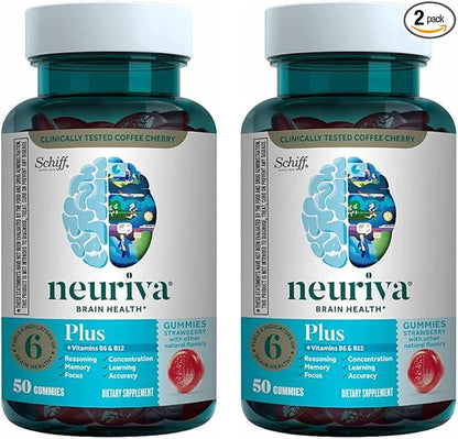 NEURIVA Plus Decaff 50ct Strawberry Gummy (2 Pack) Nootropic Brain Supplement for Memory, Focus & Concentration & Cognitive Function, Clinically Tested NeuroFactor, Phosphatidylserine, Vitamins B6 B12