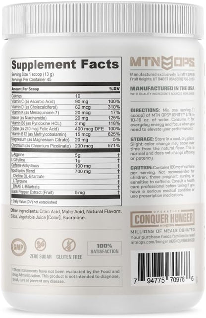 MTN OPS Ignite Lite Sugar Free Energy Drink Powder with 100mg Caffeine, Nootropic Blend for Energy & Focus, L Arginine & L Citrulline for Endurance, 45 Servings, Strawberry Daiquiri