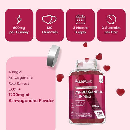 WeightWorld Ashwagandha Gummies for Stress Relief, Healthy Sleep & Energy Booster | 120 Count (2-Month Supply) | Vegan Ashwagandha Supplements Gummies | Natural Raspberry-Flavor, Non-GMO, Gluten-Free