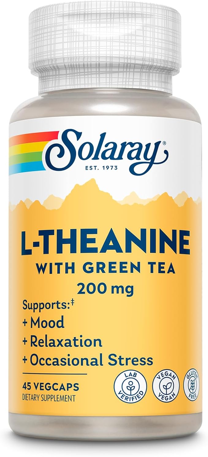 SOLARAY L-Theanine 200mg with Green Tea - Healthy Mood, Relaxation and Occasional Stress Support - Lab Verified, Vegan, Gluten Free - 45 Servings, 45 VegCaps