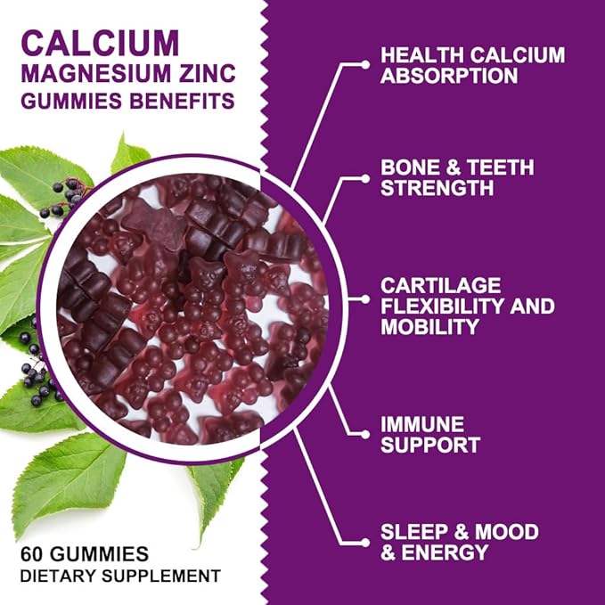 Calcium Magnesium Zinc Gummies with High Absorption Magnesium Glycinate 300mg, Potassium - Plant Complex Calcium Magnesium 2:1 Ratio, with D3 Sea Moss for Bone, Immune & Sleep Support, Vegan-2 Pack