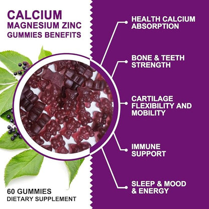Calcium Magnesium Zinc Gummies with High Absorption Magnesium Glycinate 300mg, Potassium - Plant Complex Calcium Magnesium 2:1 Ratio, with D3 Sea Moss for Bone, Immune & Sleep Support, Vegan-2 Pack