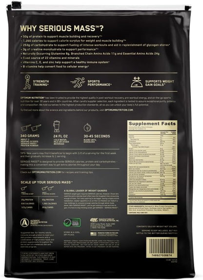 Optimum Nutrition Serious Mass, Weight Gainer Protein Powder, Mass Gainer, Vitamin C and Zinc for Immune Support, Creatine, Banana, 12 Pound (Packaging May Vary)
