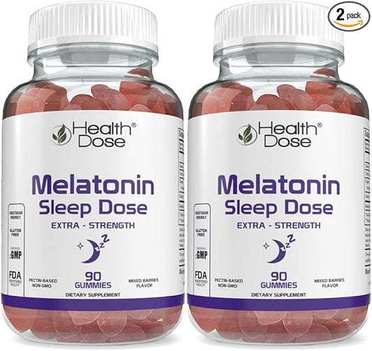 Health Dose Melatonin 6 mg Extra Strength Gummy, Pre-Bedtime Supplement for Restful Sleep, Adults, 90 Gummies, Mixed Berries Flavor Pack of 2.