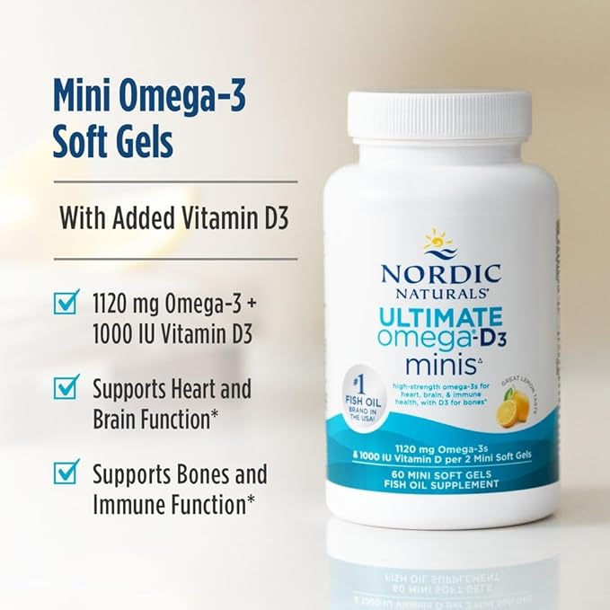 Nordic Naturals Ultimate Omega Mini D3, Lemon Flavor - 60 Mini Soft Gels - 1120 mg Omega-3 + 1000 IU Vitamin D3 - EPA & DHA - Promotes Brain & Heart Health - 30 Servings