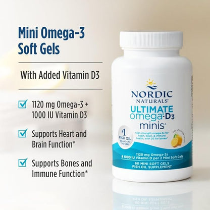 Nordic Naturals Ultimate Omega Mini D3, Lemon Flavor - 60 Mini Soft Gels - 1120 mg Omega-3 + 1000 IU Vitamin D3 - EPA & DHA - Promotes Brain & Heart Health - 30 Servings