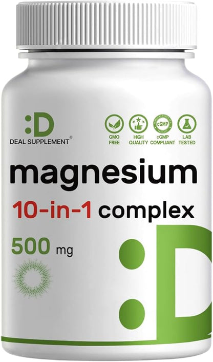 Magnesium Complex 500mg, 240 Veggie Capsules – 10-in-1 Glycinate, Citrate, Malate, Oxide, & More – 100% Chelated for Easy Absorption – Essential Mineral Supplement – Non-GMO
