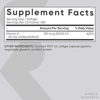 Sports Research® Vitamin D3 w/Coconut MCT Oil - High Potency Vitamin D3 5000iu (125mcg) Supplement for Immune & Bone Support - Seed Oil Free - Non-GMO - Gluten Free (360 Liquid Softgels)