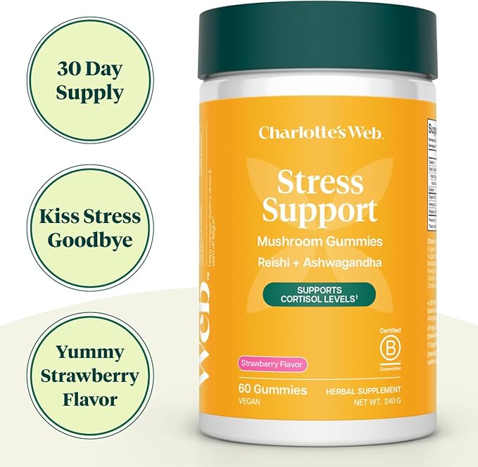 Charlotte's Web Stress Support Mushroom Gummies w/Reishi, Ashwagandha, Rhodiola Rosea Supplement — Natural Supplement — Strawberry-Flavored Ashwagandha Gummies (30 Servings)