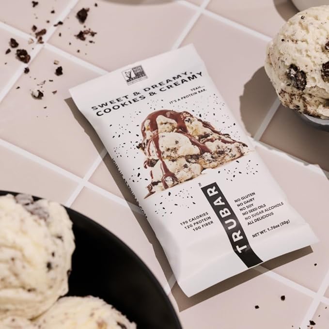 TRUBAR Vegan Protein Bar, Sweet & Dreamy Cookies and Creamy, Gluten Free, Plant Based Protein, Dairy Free, Non GMO, Soy Free, No Sugar Alcohols, 12G Protein, 12G Fiber, 23G Carb,Snack Bars, 12ct