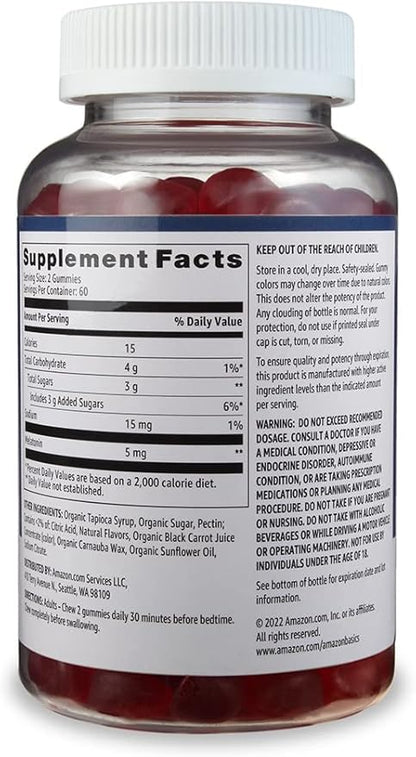 Amazon Basics Melatonin 5mg, Strawberry (Previously Solimo) 120 Gummies (2 per Serving) (Pack of 2)