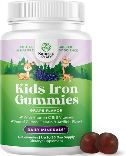 Kids Iron Gummies - Blood Builder Iron Supplements for Kids with Gentle for Stronger Immunity & Energy - Vitamin B12, Folate & Vitamin C Gummies - Vegan GMO & Gluten Free for Toddlers - 60 Count