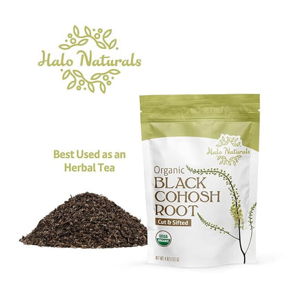Halo Naturals Organic Black Cohosh Root Cut & Sifted, 4 Ounces (Cimicifuga racemosa) USDA Certified | Resealable Pouch| Packaged in The USA