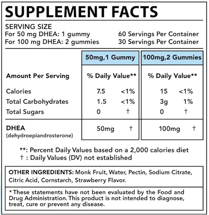 dhea 100mg 50mg dhea Supplement for Women | dhea Supplement for Men | clinically Studied high Absorption | Sugar Free Vegan Strawberry Gummies 60 Days Supply