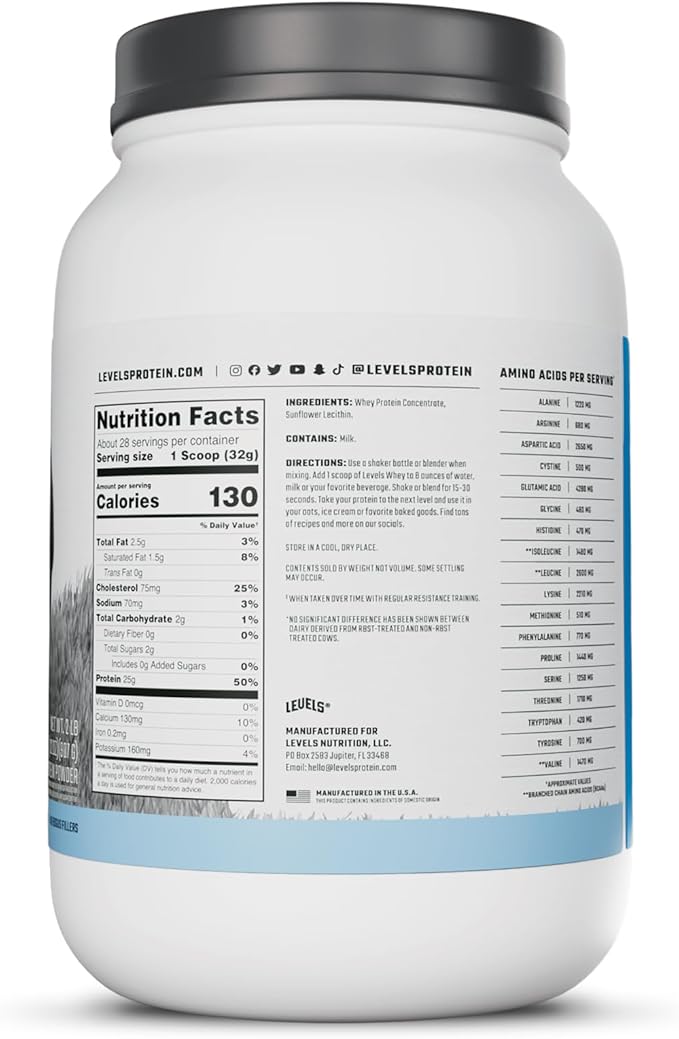 Levels Grass Fed Whey Protein Powder, No Artificials, 25G of Protein, Unflavored, 2LB