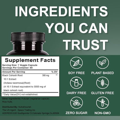 Black Cohosh Capsules,3000mg Strength,Black Cohosh Supplements for Women Menopause Hot Flashes,Non-GMO,60 Vegetarian Capsules