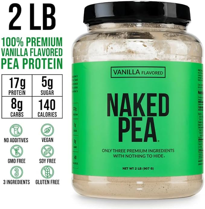 NAKED Vanilla Pea Protein Isolate from North American Farms, Only 3 Ingredients, Vanilla Vegan Protein, NSF Certified, Gluten-Free, Soy Free, GMO Free - 2LB