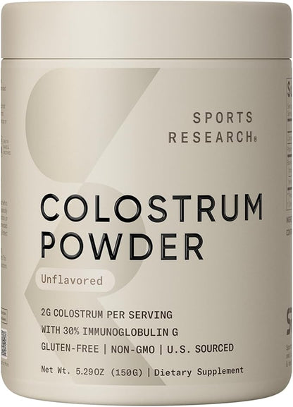 Sports Research® Bovine Colostrum Powder – Easy to Mix Superfood – Immunity Support & Gut Health w/ 30% IgG Antibodies - U.S. Sourced · Non-GMO · Gluten Free - 75 Servings (Unflavored)