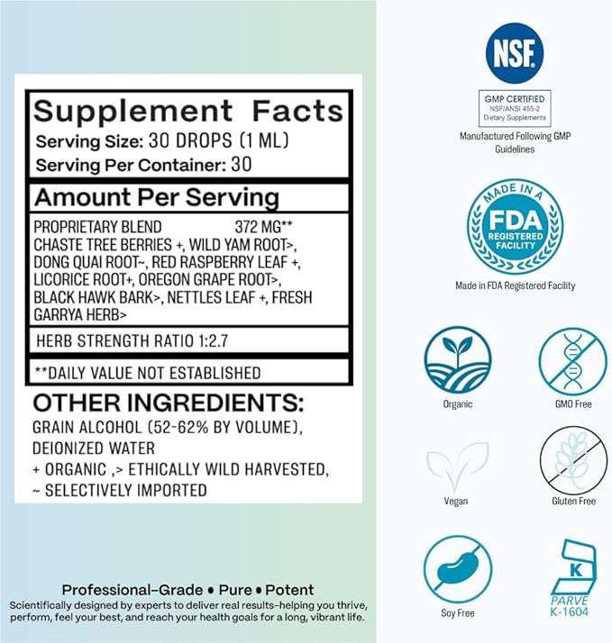 PMS Relief Liquid Herbal Supplement for Women*–Hormone Balance with Chasteberry, Dong Quai & Wild Yam–Estrogen-Free, Herbal Support for Cramps, Bloating, Fatigue, Breast Pain & Mood*