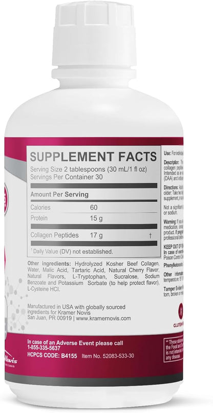 PreProtein 15 Liquid Hydrolyzed Collagen Peptides – Sugar Free Cherry Flavor Drink – 15g Protein Amino Acid Supplement for Bariatric Recovery, Joint Support & Wound Care – 30oz