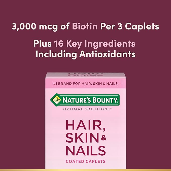 Nature's Bounty Optimal Solutions Hair, Skin & Nails Formula, with 3,000 mcg Biotin, 60 Coated Caplets, 20 Total Servings