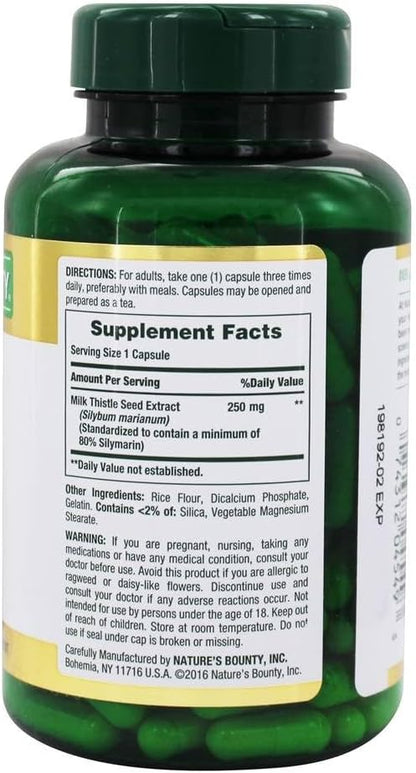 Nature's Bounty Milk Thistle Capsules, Traditionally Used for Liver Health, Herbal Supplement, 250 mg per Serving, 200 Count (Pack of 2)