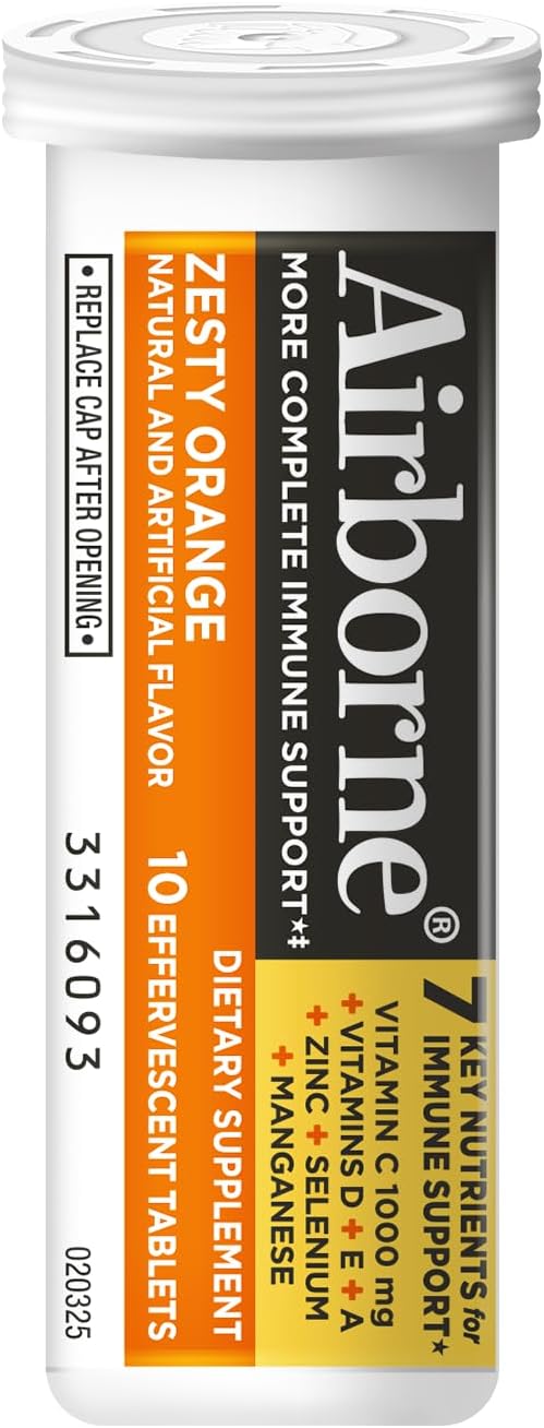 Airborne Immune Support Effervescent Tablets, Zesty Orange Flavor - 10ct with 1000mg Vitamin C + Vitamins A, D, E, Zinc, Selenium, Manganese & Herbal Blend - Sugar‑Free, Gluten‑Free