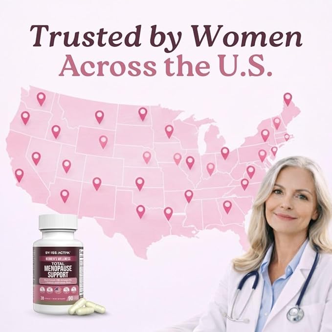 Swiss Activa+ Total Menopause Support – Hormone Balance, Hot Flash Relief, Mood & Energy Boost, Gut Health, Vegan, Non-GMO Plant-Based Menopause Supplements for Women– 180 Capsules | 60-Day Supply