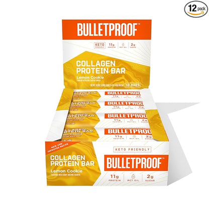 Bulletproof Lemon Cookie Collagen Protein Bars, Pack of 12, Keto-Friendly Snack with MCT Oil, Grass-fed Collagen, No Added Sugar