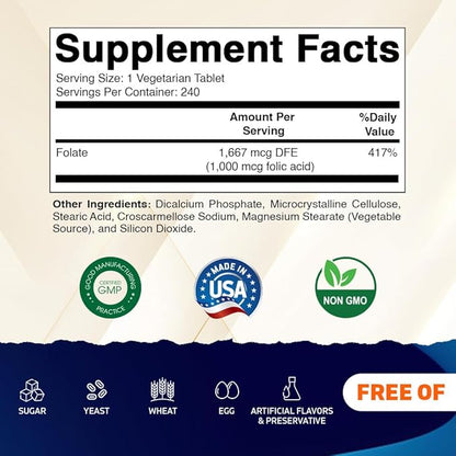 Vitamatic Folic Acid 1000 mcg (1 mg) - Vegetarian Tablets - 1667 mcg DFE - Vitamin B9 (240 Count (Pack of 1))