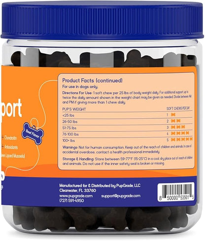 PupGrade Joint Support Supplement for Dogs - Glucosamine + Chondroitin with MSM and Perna - Supports Normal Hip & Joint Health for Occasional Discomfort, Beef Flavor - 180 Soft Chews