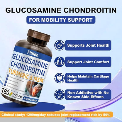 Glucosamine Chondroitin MSM and Turmeric Supplement - Used for Cartilage & Joint Health & Flexibility - for Women & Men - Non-GMO, Gluten Free, 180 Capsules