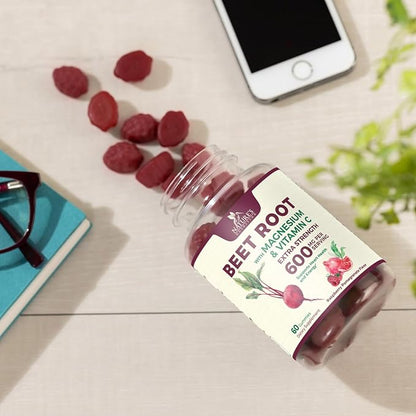 Beet Root Supplement Gummies - Superfood with Beetroot Extract Powder with Vitamin C & Magnesium - Supports Energy Heart Health & Nitric Oxide Production - Red Beets Supplements Gummy - 60 Gummies
