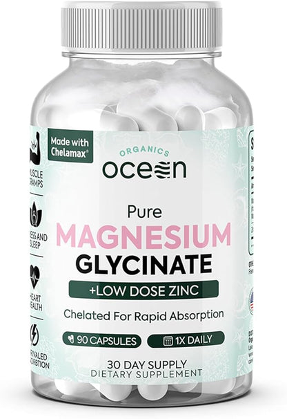Organics Ocean Pure Magnesium Glycinate with Zinc - Maximum Strength Chelated Magnesium Supplement for Women and Men for Muscle Cramps and Sleep Support - 90 Capsule