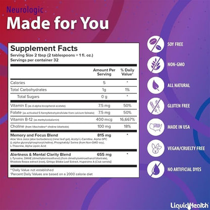 LIQUIDHEALTH Mega Energy B-Complex & Neurologic Nootropic Liquid Supplement Bundle for Adults - Increase Natural Energy Levels, Improve Memory, Alertness & Focus, Boost Mood - Vegan, Non-GMO, USA Made