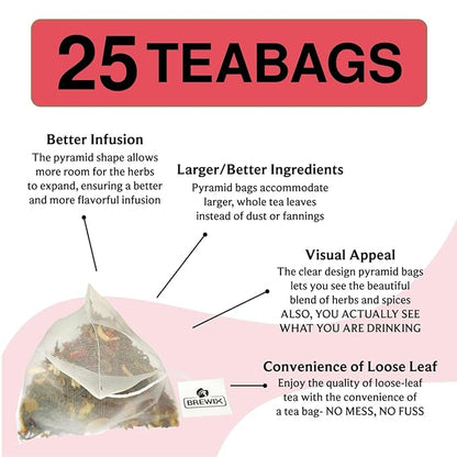 BREWIX, Strawberry Mint Tea Bags (25 Plant Based Tea Bags), Made with - Black Tea, Hibiscus, Spearmint, Fennel, Strawberry | Caffeinated & Sugar-Free