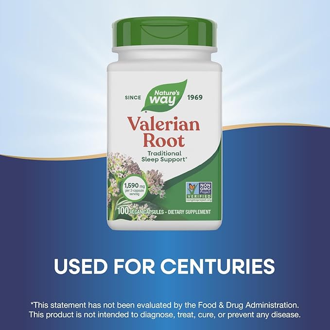 Nature's Way Valerian Root, Traditional Sleep Support*, Non-GMO Project Verified, Gluten Free, Vegan, 100 Capsules (Packaging May Vary)
