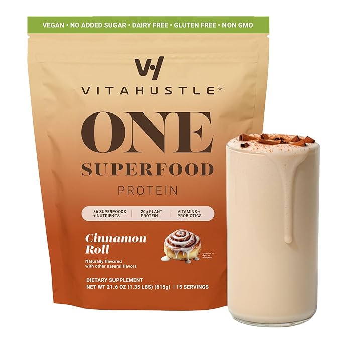 VitaHustle ONE Vegan Cinnamon Roll Protein Powder - 20g Plant Protein Meal Replacement with 86+ Superfoods & Greens, Probiotics + No Bloat Digestive Blend - Dairy Free, Gluten Free (15 Servings)