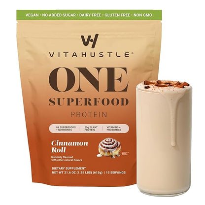 VitaHustle ONE Vegan Cinnamon Roll Protein Powder - 20g Plant Protein Meal Replacement with 86+ Superfoods & Greens, Probiotics + No Bloat Digestive Blend - Dairy Free, Gluten Free (15 Servings)