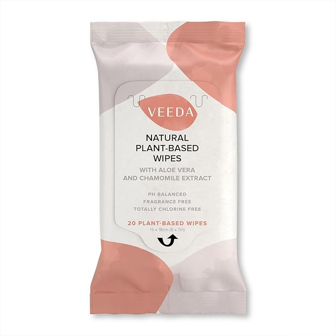 Veeda Plant-Based Feminine Wipes – pH-Balanced, Hypoallergenic & Biodegradable Wipes for Sensitive Skin, Fragrance-Free Travel Sized Wipes – 20 Count