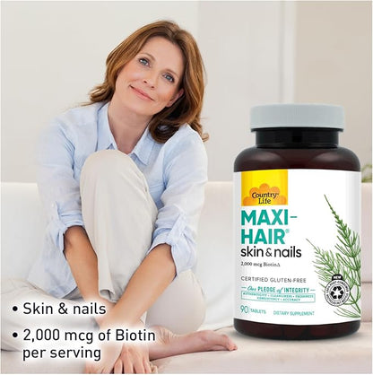 Country Life Maxi-Hair Supplement - 2000mcg Biotin & Vitamins for Hair, Skin & Nails - Certified Gluten-Free & Vegetarian - Supports Hair Growth, 90 Tablets