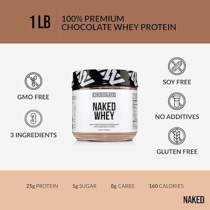 NAKED Chocolate Whey 1LB - All Natural Grass Fed Whey Protein Powder, Organic Cacao, and Coconut Sugar - NSF Certified, No GMO, No Soy, and Gluten Free, Aid Growth and Recovery - 12 Servings